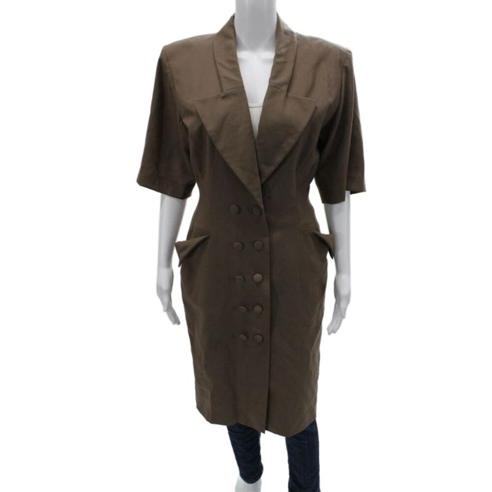 Designer Womens Jacket Dress Brown Collared Button Cotton Half Sleeve Size M